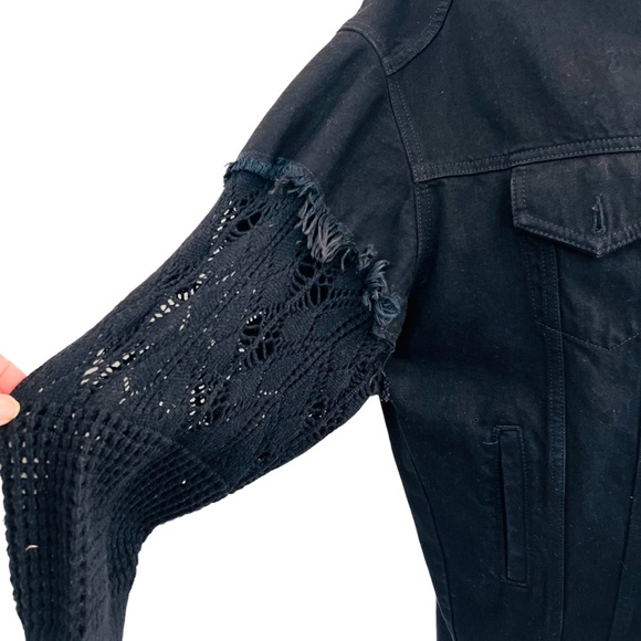 NWOT CIRCUS HOTEL Oversized Denim Jacket Crochet Sleeves in Black Size XS - Picture 5 of 16